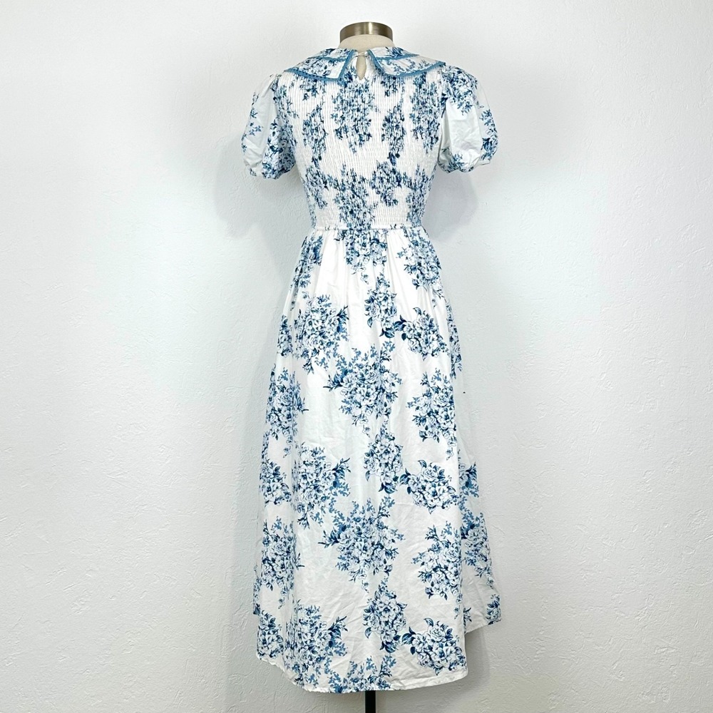 Cottagecore Romantic Dress Small Basque Peter Pan Lace Toile Floral Puff Sleeve - Picture 6 of 8